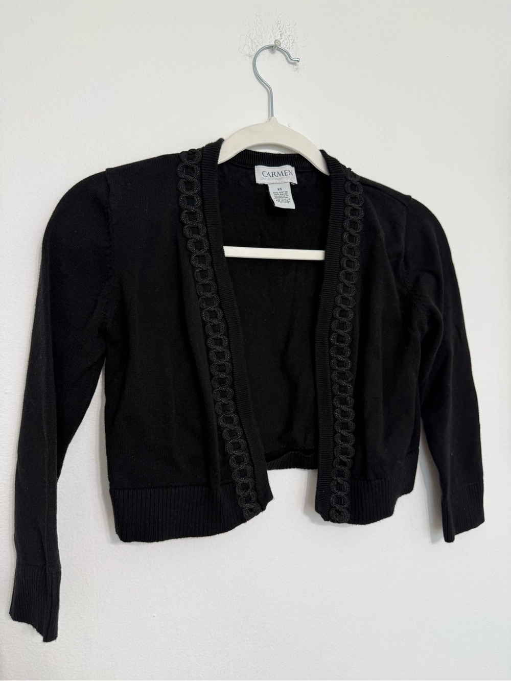 Carmen Black Cropped Open-Front Cardigan with Decorative Trim